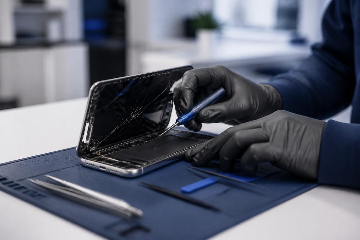 iPhone repair on a professional workshop bench